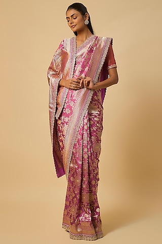 Pink Banarasi Silk Zardosi Hand Embroidered Saree Set by Anushree Reddy