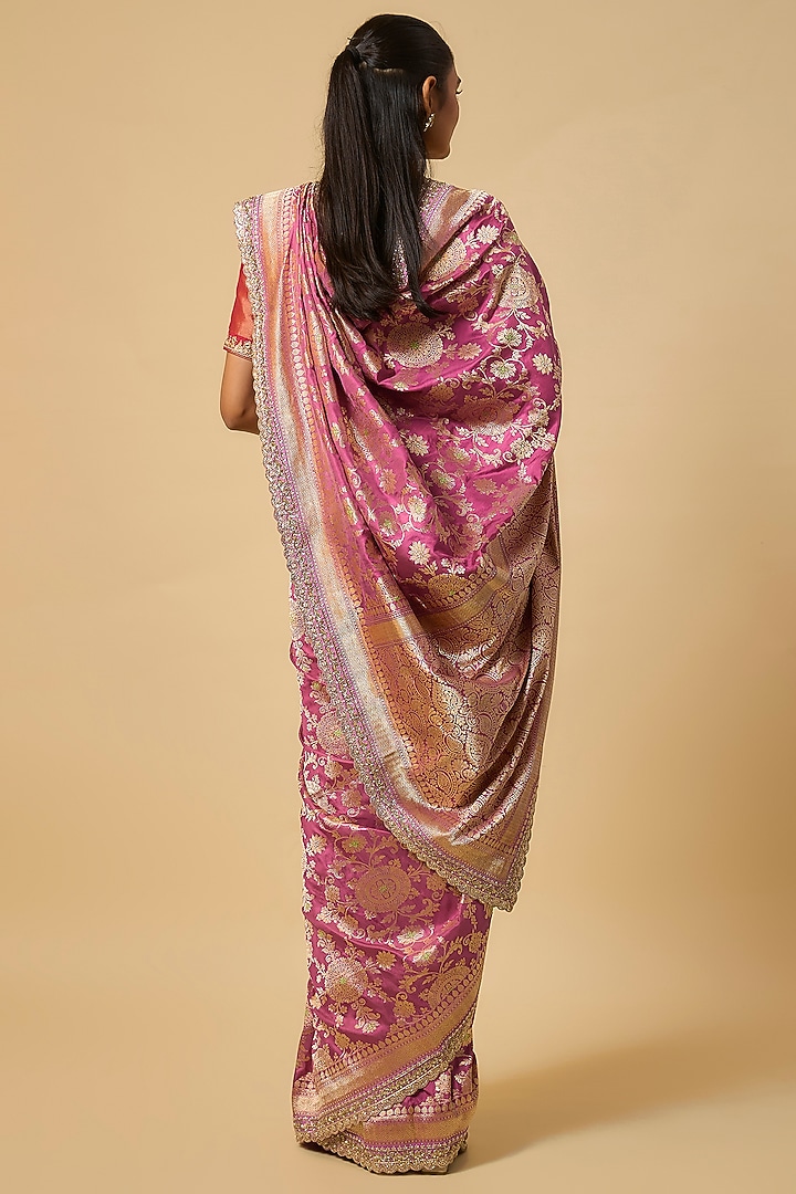 Pink Banarasi Silk Zardosi Hand Embroidered Bridal Saree Set by Anushree Reddy at Pernia's Pop Up Shop