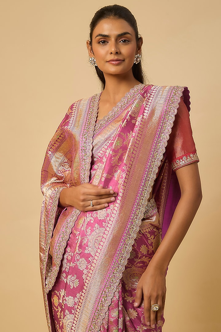 Pink Banarasi Silk Zardosi Hand Embroidered Bridal Saree Set by Anushree Reddy at Pernia's Pop Up Shop