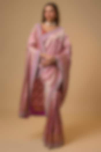 Onion Pink Banarasi Silk Zardosi Work Bridal Saree Set by Anushree Reddy at Pernia's Pop Up Shop