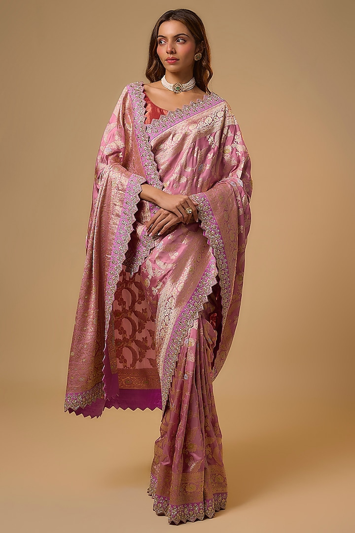 Onion Pink Banarasi Silk Zardosi Work Bridal Saree Set by Anushree Reddy at Pernia's Pop Up Shop