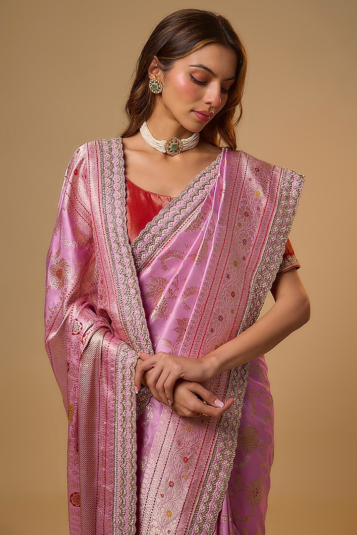 Lilac Banarasi Silk Zardosi Work Bridal Saree Set by Anushree Reddy at Pernia's Pop Up Shop