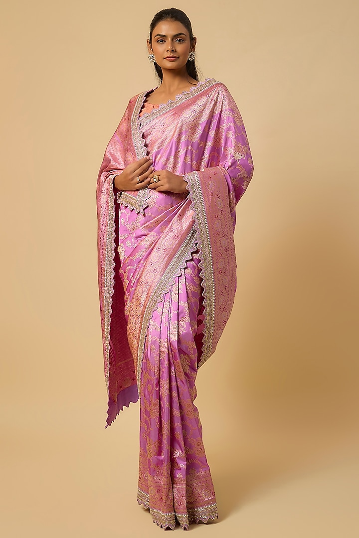 Lavender Banarasi Silk Zardosi Hand Embroidered Bridal Saree Set by Anushree Reddy at Pernia's Pop Up Shop