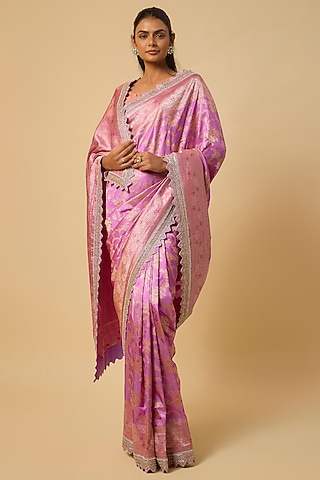 Lavender Banarasi Silk Zardosi Hand Embroidered Saree Set by Anushree Reddy