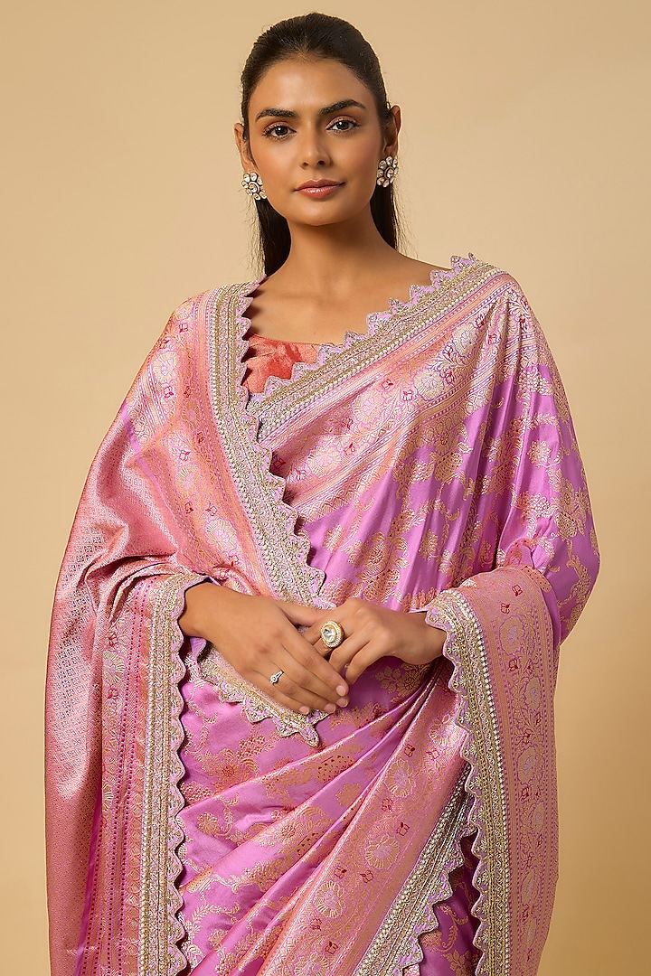 Lavender Banarasi Silk Zardosi Hand Embroidered Bridal Saree Set by Anushree Reddy at Pernia's Pop Up Shop