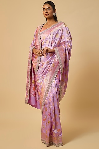 Lavender Banarasi Silk Zardosi Hand Embroidered Saree Set by Anushree Reddy