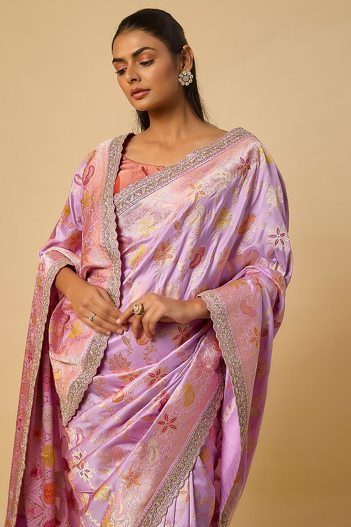 Lavender Banarasi Silk Zardosi Hand Embroidered Bridal Saree Set by Anushree Reddy at Pernia's Pop Up Shop