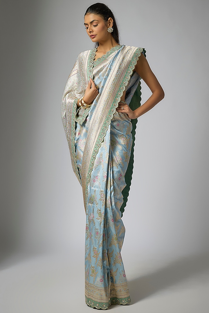 Sky Blue Banarasi Silk Hand Embroidered Bridal Saree Set by Anushree Reddy at Pernia's Pop Up Shop