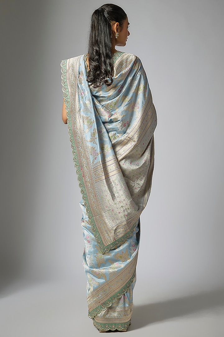 Sky Blue Banarasi Silk Hand Embroidered Bridal Saree Set by Anushree Reddy at Pernia's Pop Up Shop