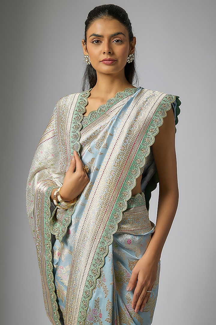 Sky Blue Banarasi Silk Hand Embroidered Bridal Saree Set by Anushree Reddy at Pernia's Pop Up Shop