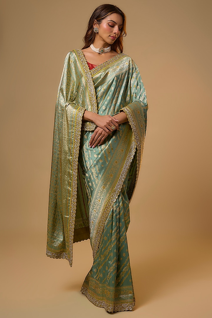 Sea Blue Banarasi Silk Zardosi Work Bridal Saree Set by Anushree Reddy at Pernia's Pop Up Shop