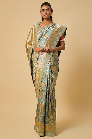 Teal Blue Banarasi Silk Zardosi Hand Embroidered Saree Set by Anushree Reddy