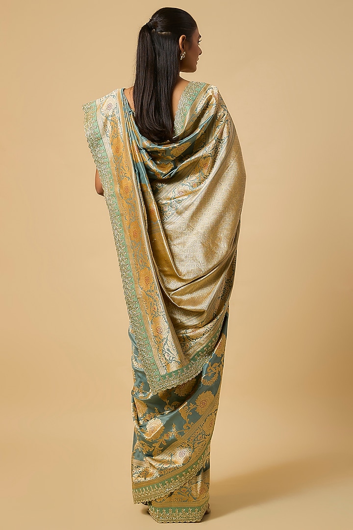 Teal Blue Banarasi Silk Zardosi Hand Embroidered Bridal Saree Set by Anushree Reddy at Pernia's Pop Up Shop