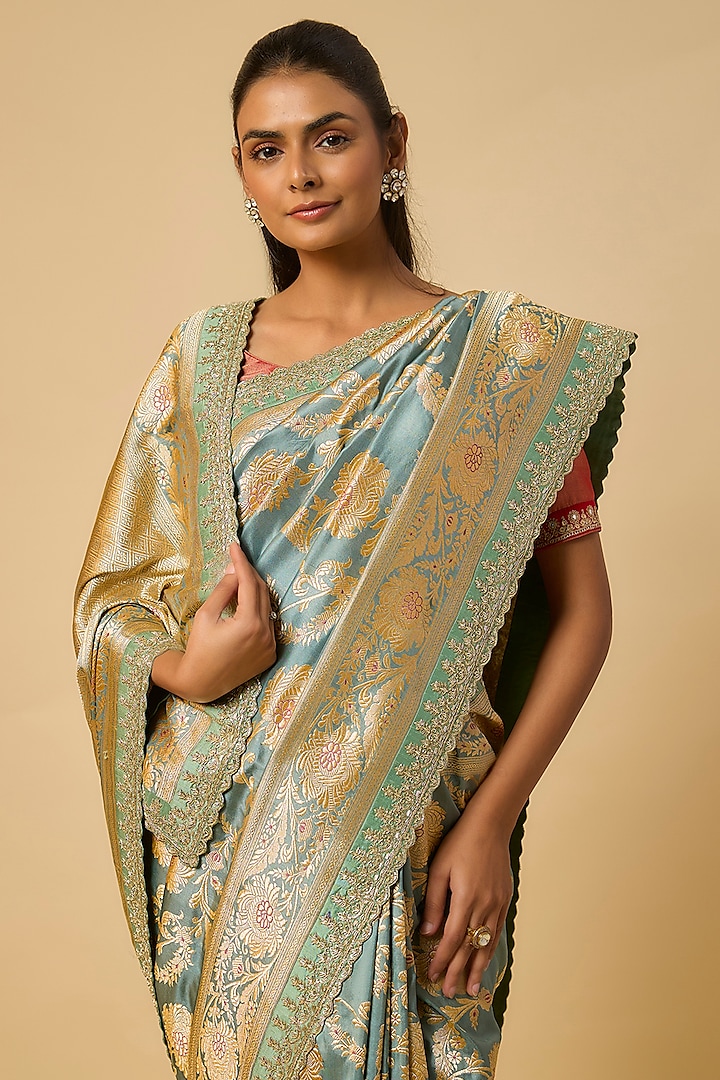 Teal Blue Banarasi Silk Zardosi Hand Embroidered Bridal Saree Set by Anushree Reddy at Pernia's Pop Up Shop
