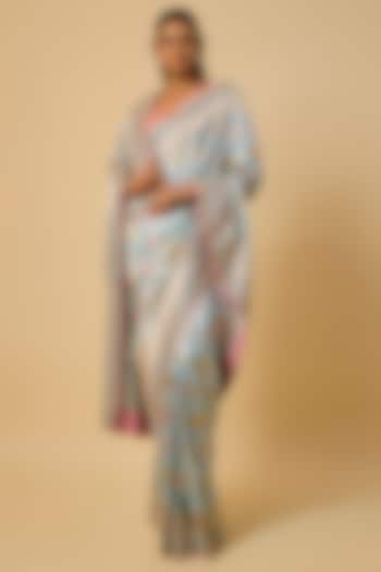 Sky Blue Banarasi Silk Zardosi Hand Embroidered Bridal Saree Set by Anushree Reddy at Pernia's Pop Up Shop