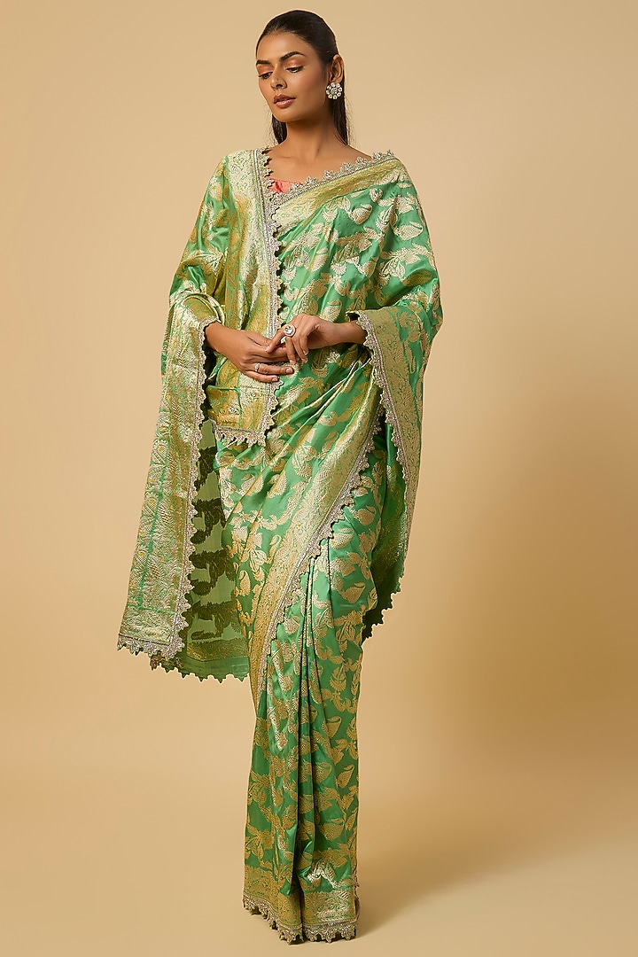 Sea Green Banarasi Silk Zardosi Hand Embroidered Bridal Saree Set by Anushree Reddy at Pernia's Pop Up Shop