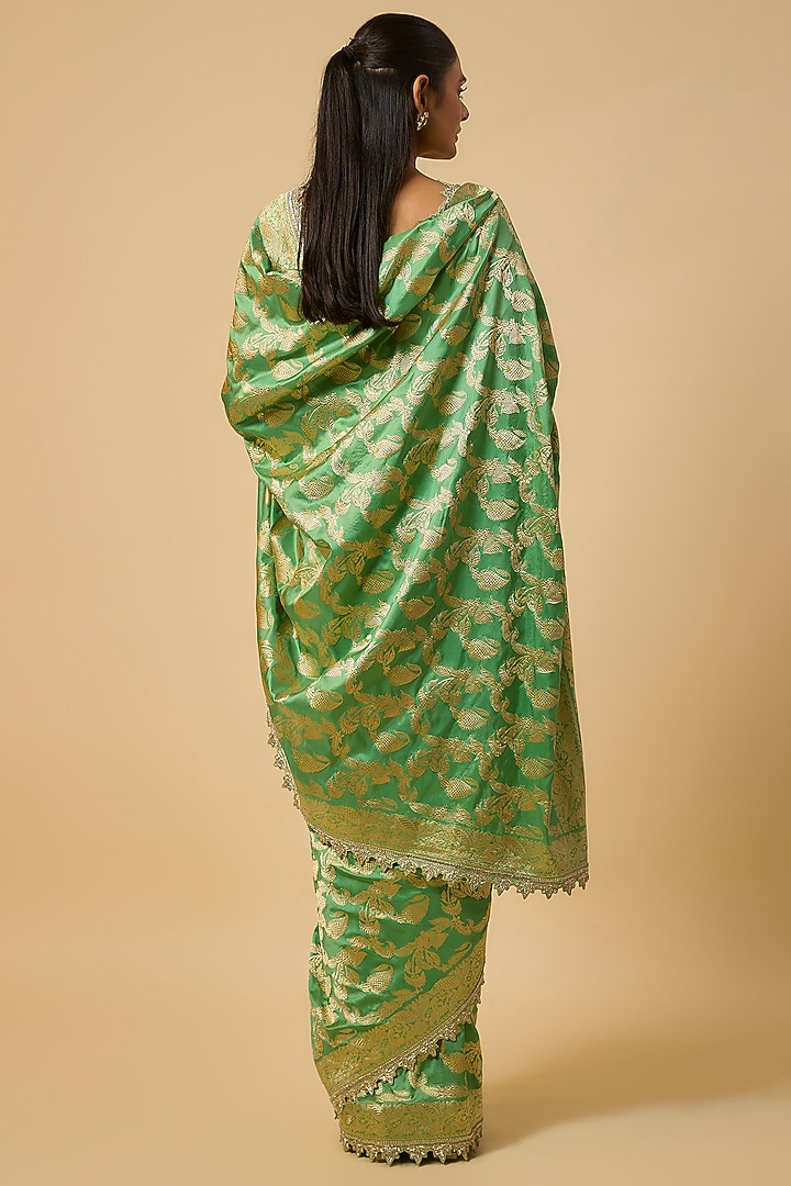 Sea Green Banarasi Silk Zardosi Hand Embroidered Bridal Saree Set by Anushree Reddy at Pernia's Pop Up Shop