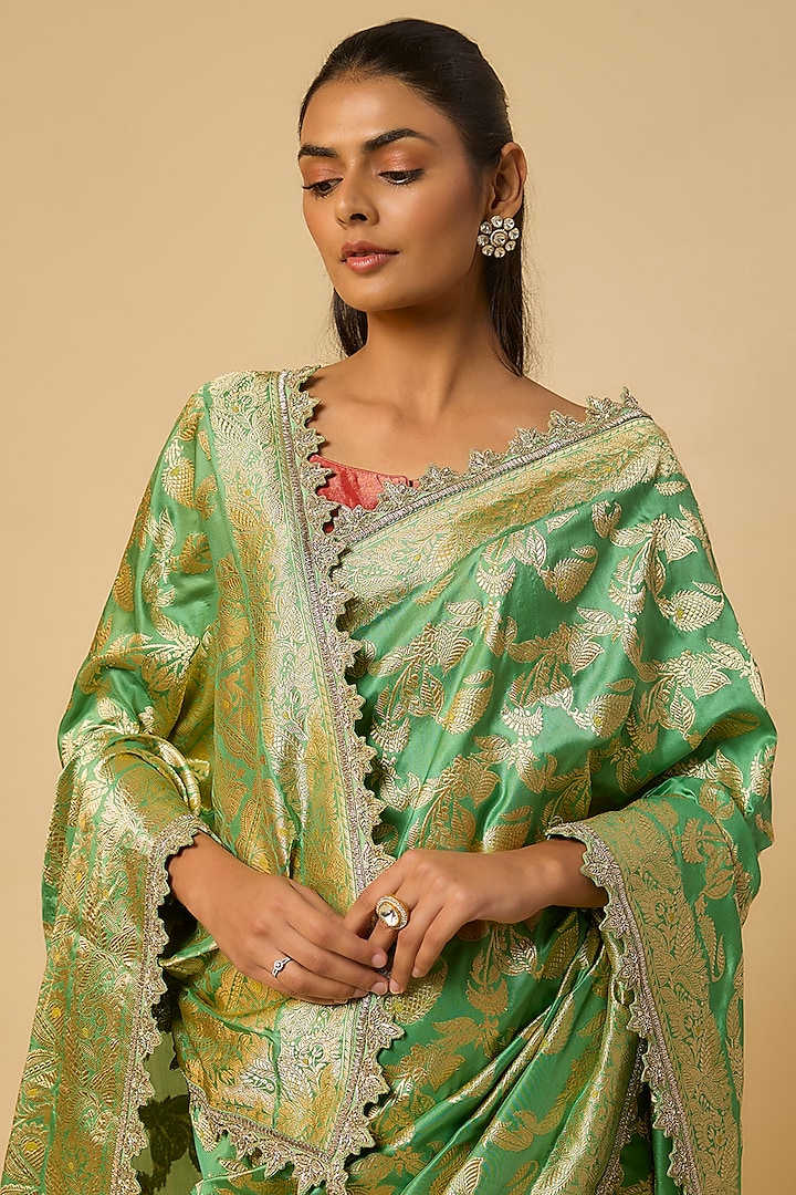 Sea Green Banarasi Silk Zardosi Hand Embroidered Bridal Saree Set by Anushree Reddy at Pernia's Pop Up Shop