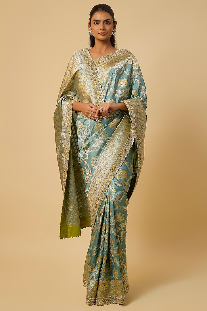 Blue Banarasi Silk Zardosi Hand Embroidered Bridal Saree Set by Anushree Reddy at Pernia's Pop Up Shop