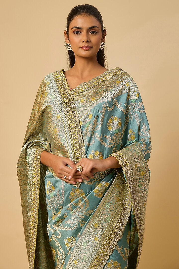 Blue Banarasi Silk Zardosi Hand Embroidered Bridal Saree Set by Anushree Reddy at Pernia's Pop Up Shop
