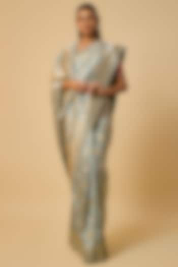 Sea Blue Banarasi Silk Zardosi Hand Embroidered Bridal Saree Set by Anushree Reddy at Pernia's Pop Up Shop