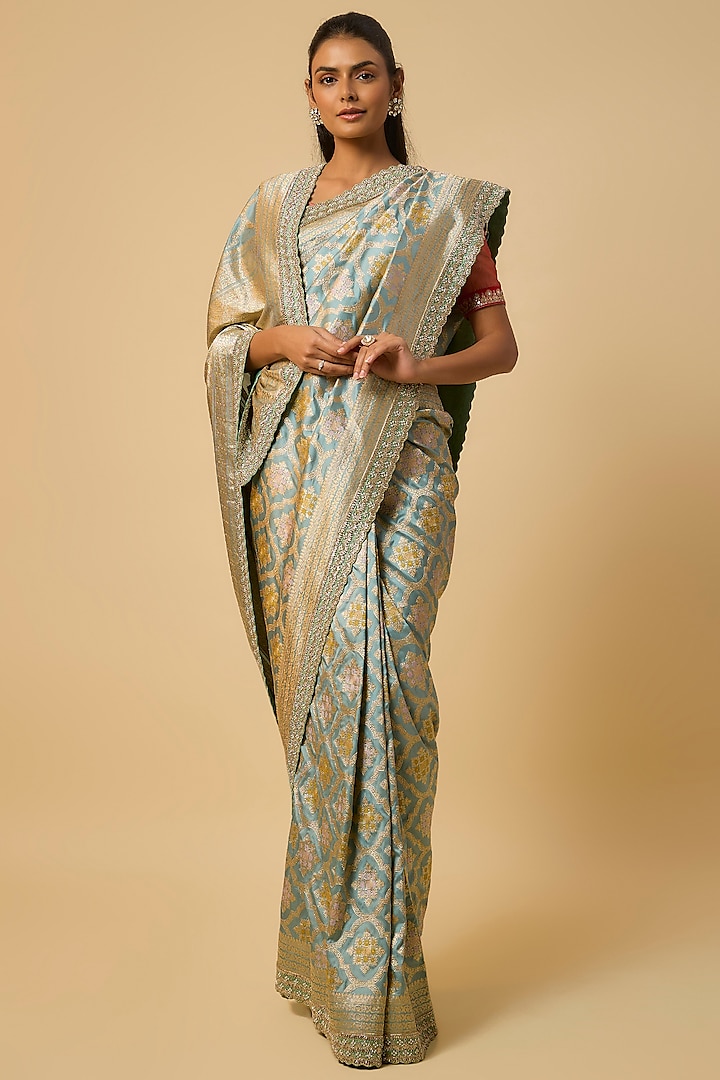 Sea Blue Banarasi Silk Zardosi Hand Embroidered Bridal Saree Set by Anushree Reddy at Pernia's Pop Up Shop