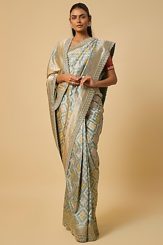 Sea Blue Banarasi Silk Zardosi Hand Embroidered Saree Set by Anushree Reddy
