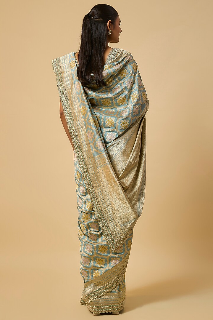 Sea Blue Banarasi Silk Zardosi Hand Embroidered Bridal Saree Set by Anushree Reddy at Pernia's Pop Up Shop