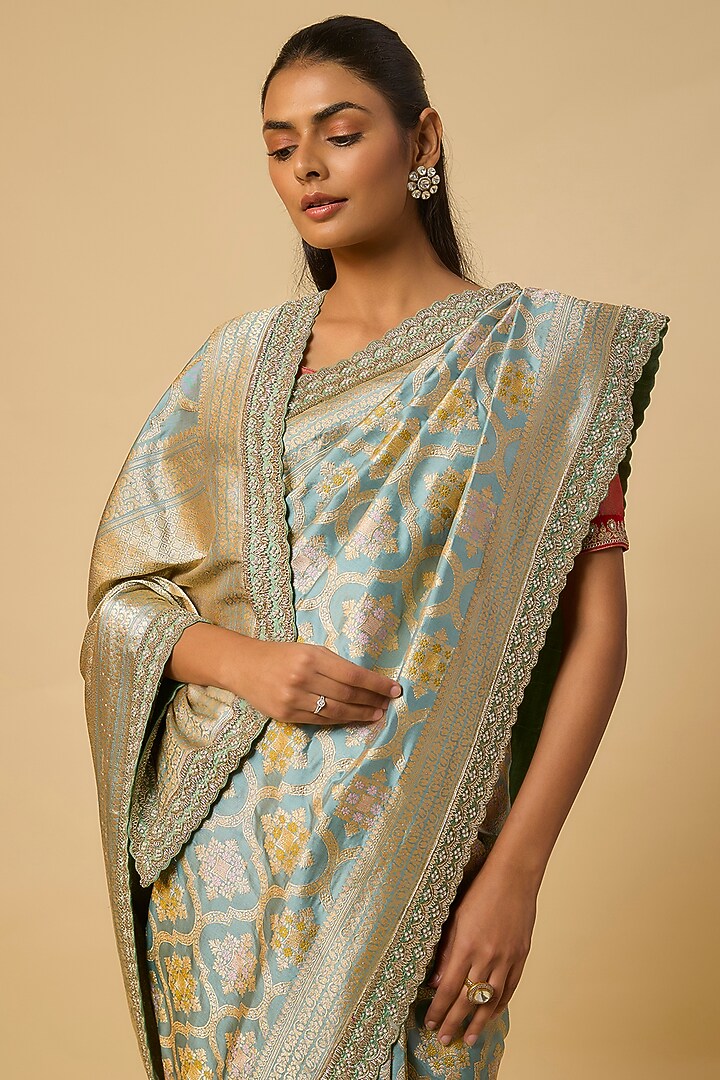 Sea Blue Banarasi Silk Zardosi Hand Embroidered Bridal Saree Set by Anushree Reddy at Pernia's Pop Up Shop