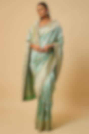 Sea Blue Banarasi Silk Zardosi Hand Embroidered Bridal Saree Set by Anushree Reddy at Pernia's Pop Up Shop