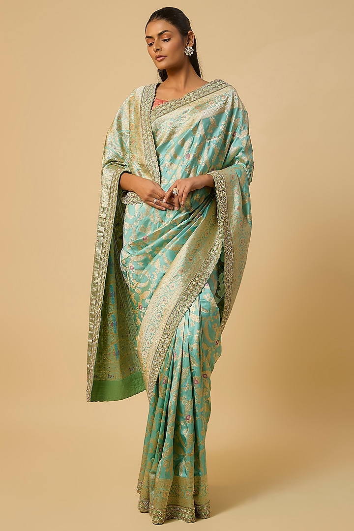 Sea Blue Banarasi Silk Zardosi Hand Embroidered Bridal Saree Set by Anushree Reddy at Pernia's Pop Up Shop