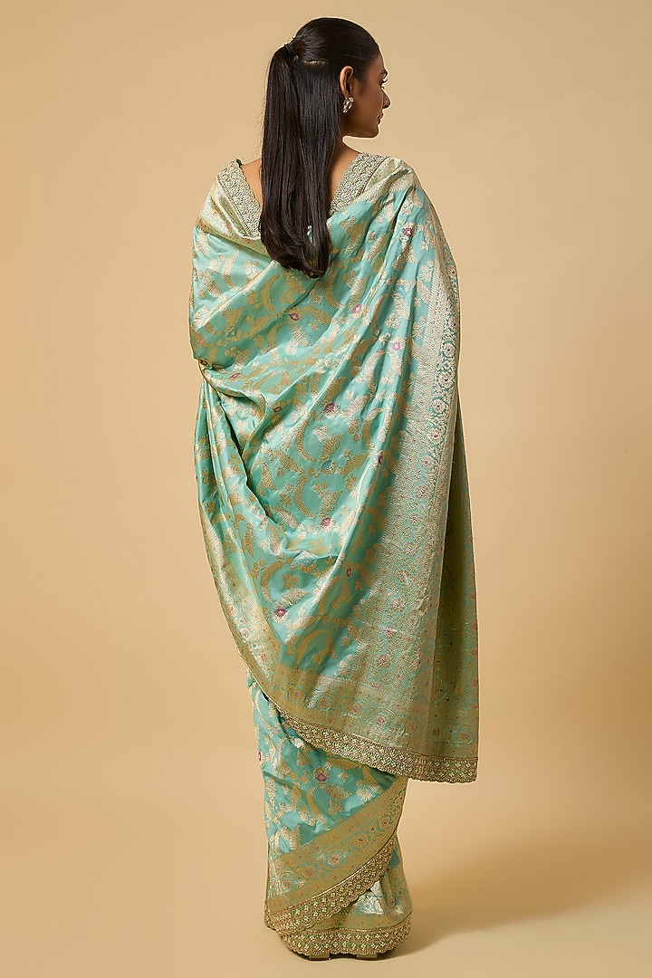 Sea Blue Banarasi Silk Zardosi Hand Embroidered Bridal Saree Set by Anushree Reddy at Pernia's Pop Up Shop