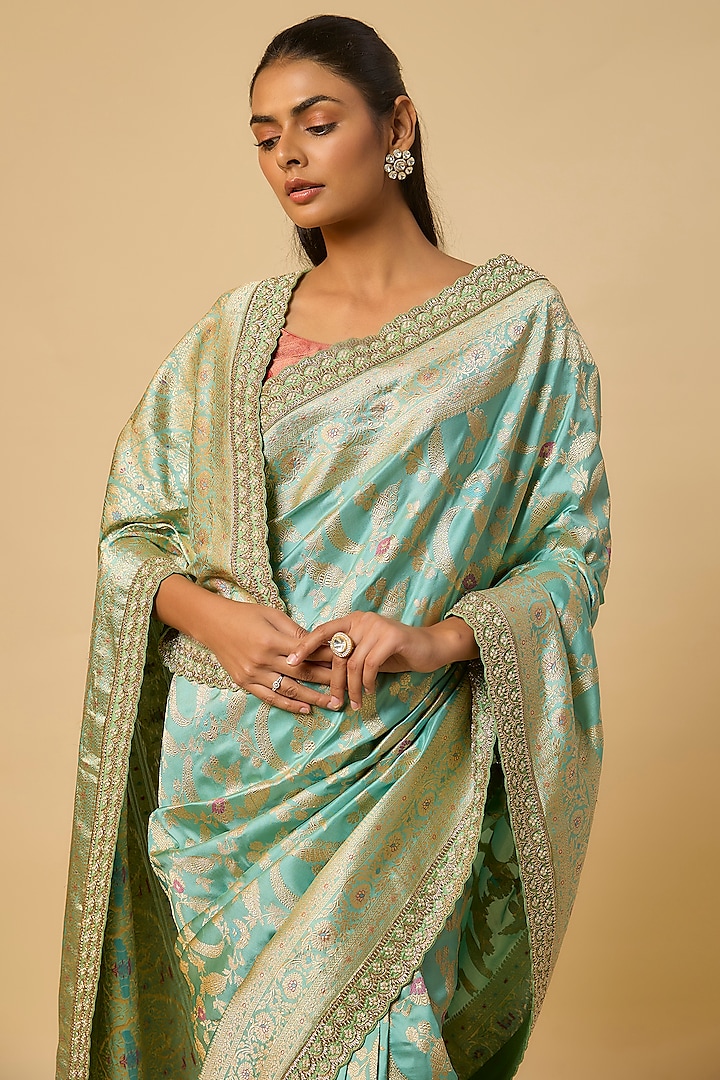 Sea Blue Banarasi Silk Zardosi Hand Embroidered Bridal Saree Set by Anushree Reddy at Pernia's Pop Up Shop