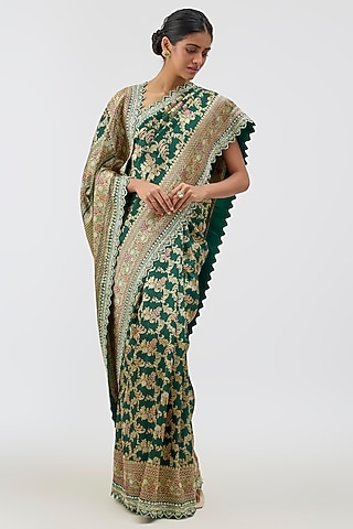 Green Banarasi Silk Zardosi Embroidered Saree Set by Anushree Reddy