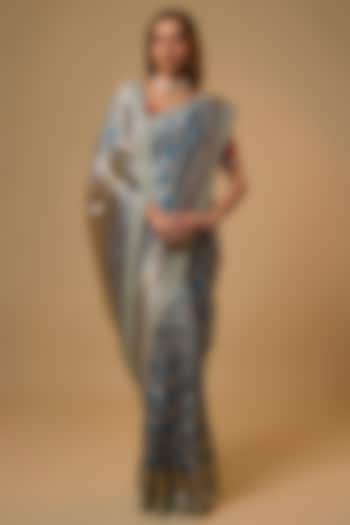 Blue Banarasi Silk Zardosi Work Bridal Saree Set by Anushree Reddy at Pernia's Pop Up Shop