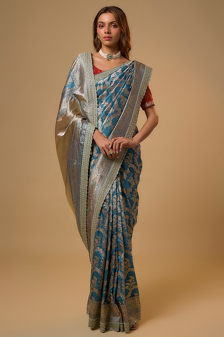 Blue Banarasi Silk Zardosi Work Bridal Saree Set by Anushree Reddy at Pernia's Pop Up Shop