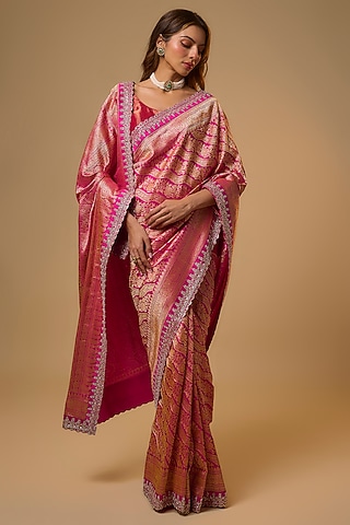 Hot Pink Banarasi Silk Zardosi Work Saree Set by Anushree Reddy