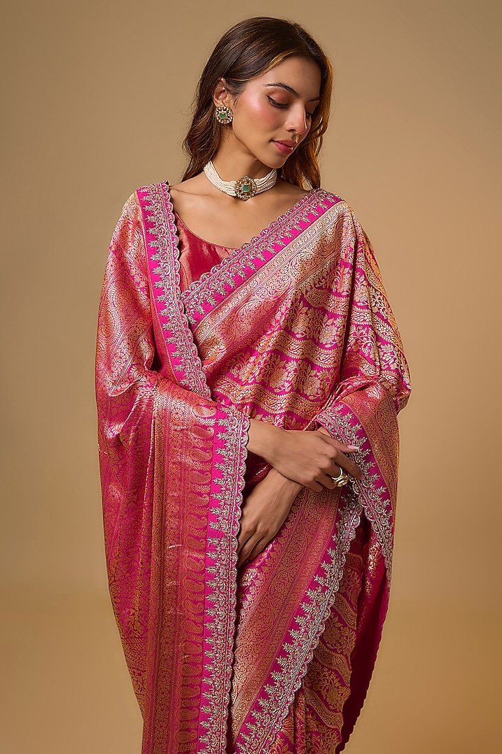 Hot Pink Banarasi Silk Zardosi Work Bridal Saree Set by Anushree Reddy at Pernia's Pop Up Shop
