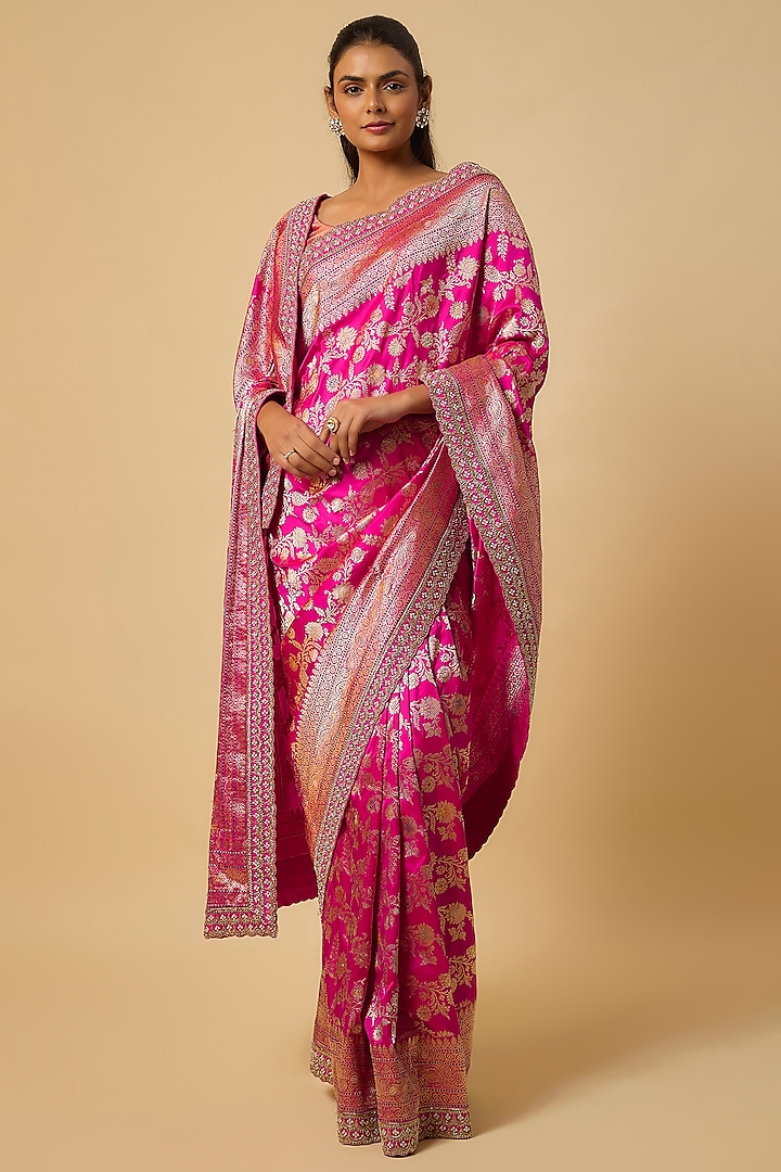 Rani Pink Banarasi Silk Zardosi Hand Embroidered Bridal Saree Set by Anushree Reddy at Pernia's Pop Up Shop