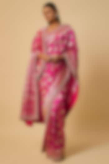 Magenta Banarasi Silk Zardosi Hand Embroidered Bridal Saree Set by Anushree Reddy at Pernia's Pop Up Shop