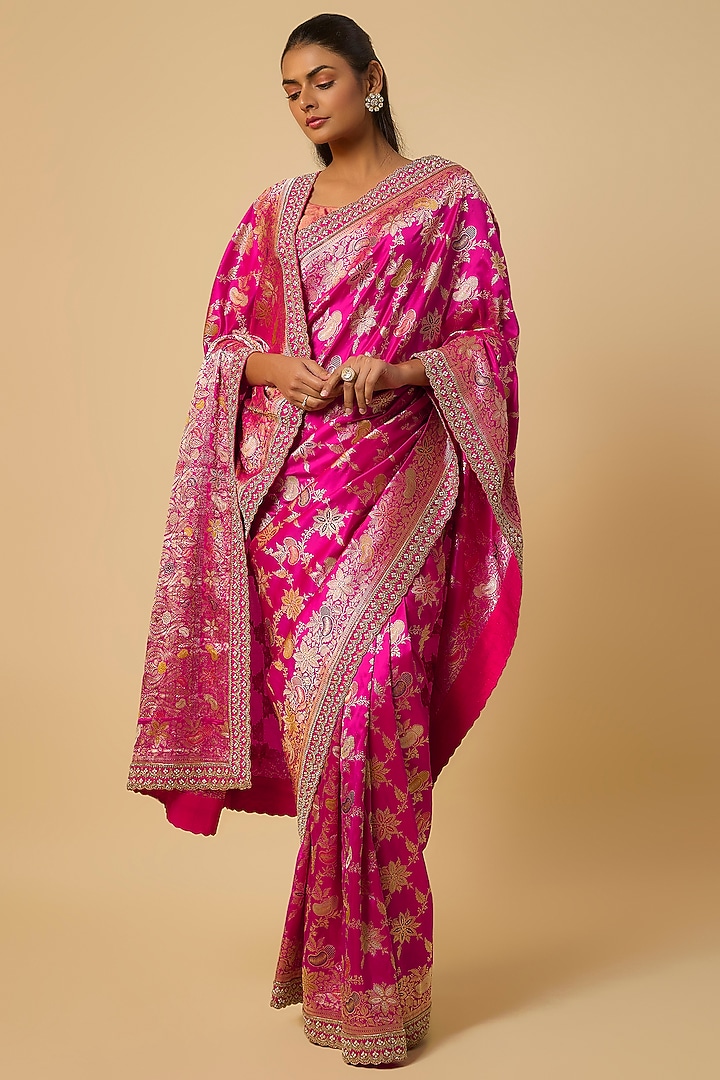 Magenta Banarasi Silk Zardosi Hand Embroidered Bridal Saree Set by Anushree Reddy at Pernia's Pop Up Shop