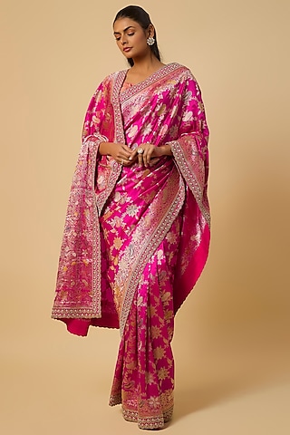 Magenta Banarasi Silk Zardosi Hand Embroidered Saree Set by Anushree Reddy