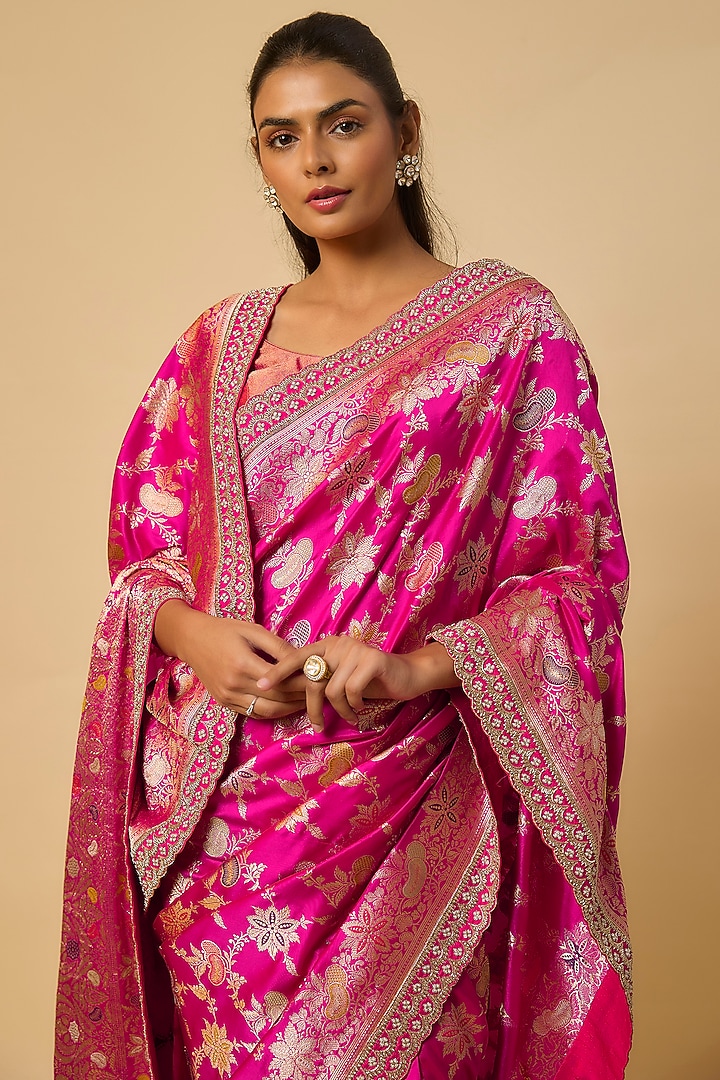 Magenta Banarasi Silk Zardosi Hand Embroidered Bridal Saree Set by Anushree Reddy at Pernia's Pop Up Shop