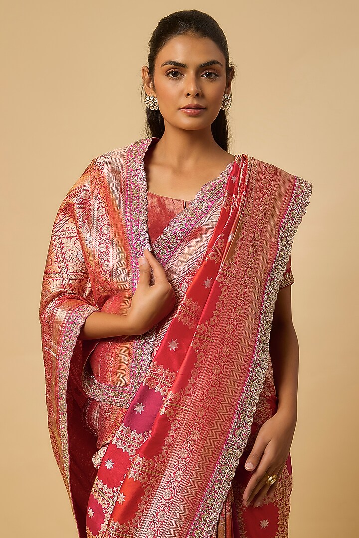 Multi-Colored Banarasi Silk Zardosi Hand Embroidered Bridal Saree Set by Anushree Reddy at Pernia's Pop Up Shop