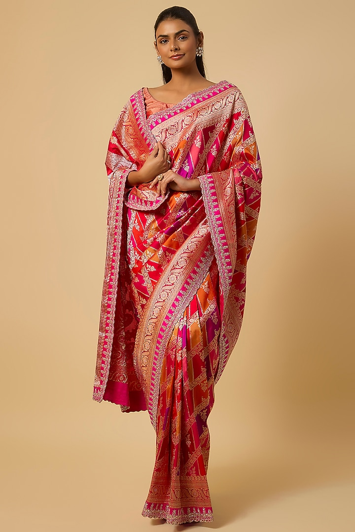Multi-Colored Banarasi Silk Zardosi Hand Embroidered Bridal Saree Set by Anushree Reddy at Pernia's Pop Up Shop