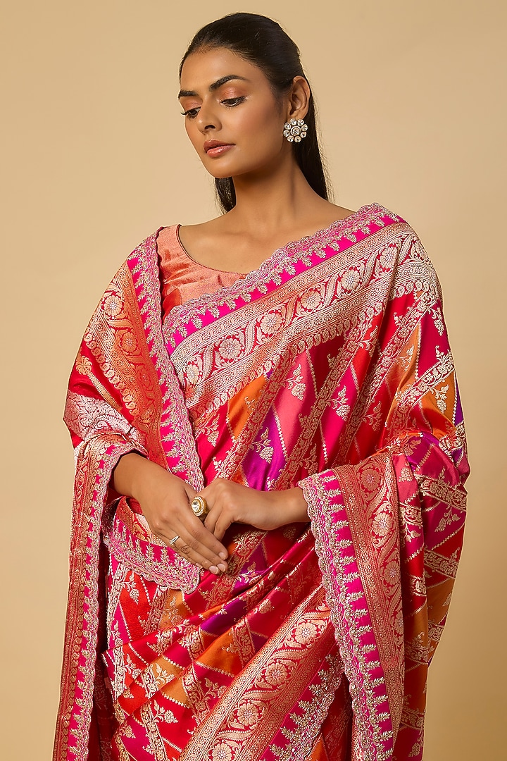 Multi-Colored Banarasi Silk Zardosi Hand Embroidered Bridal Saree Set by Anushree Reddy at Pernia's Pop Up Shop