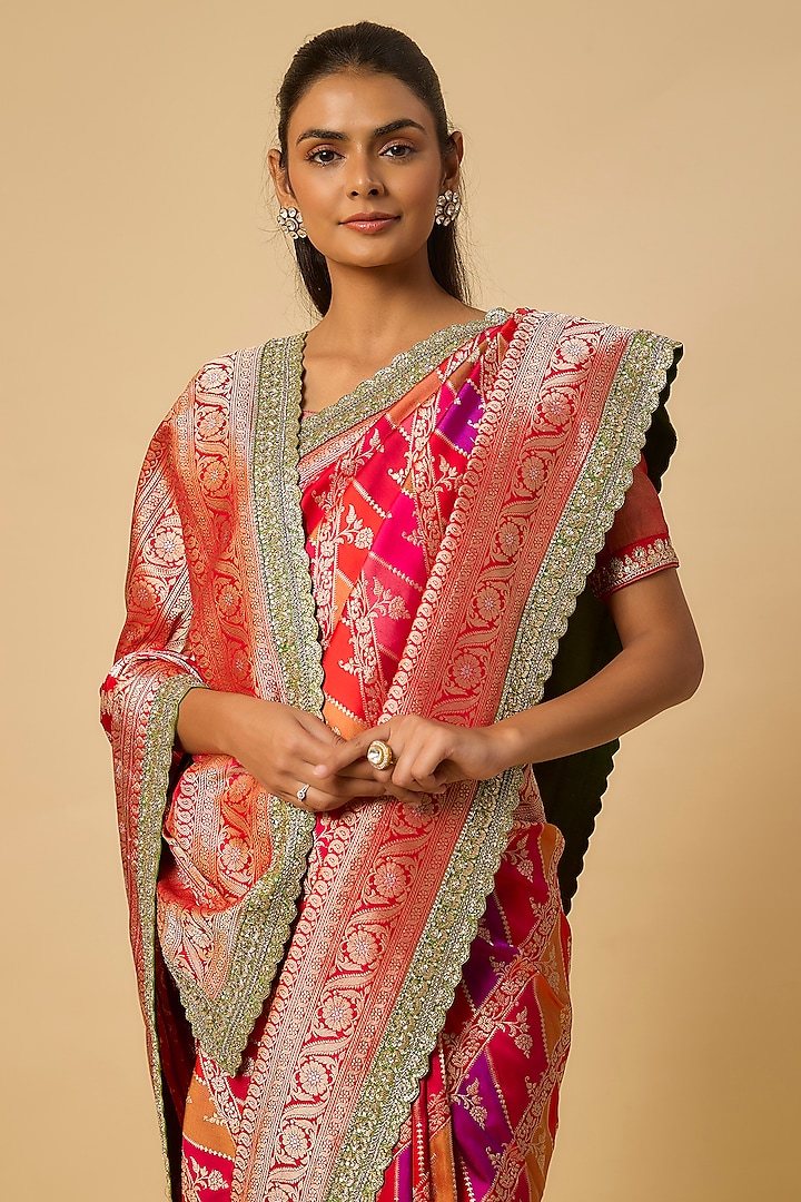 Multi-Colored Banarasi Silk Zardosi Hand Embroidered Bridal Saree Set by Anushree Reddy at Pernia's Pop Up Shop