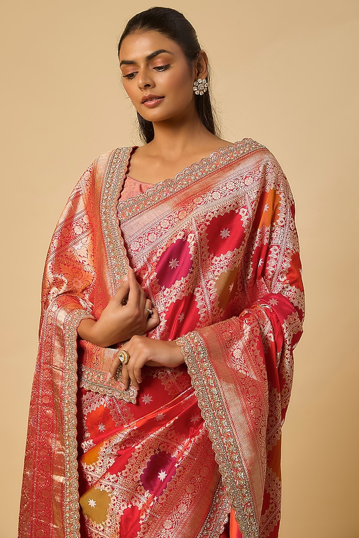 Multi-Colored Banarasi Silk Zardosi Hand Embroidered Bridal Saree Set by Anushree Reddy at Pernia's Pop Up Shop
