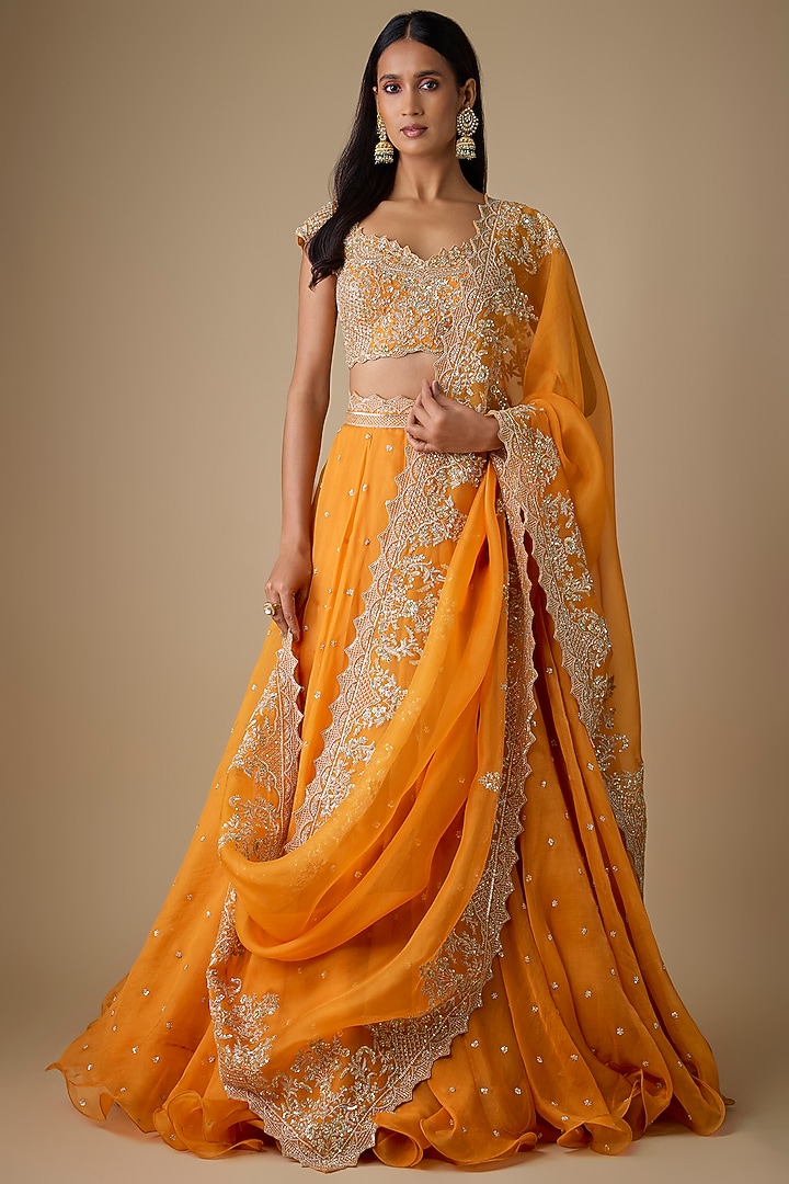 Orange Organza Hand Embroidered Bridal Lehenga Set by Anushree Reddy at Pernia's Pop Up Shop