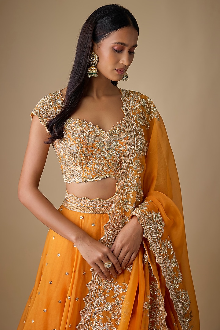 Orange Organza Hand Embroidered Bridal Lehenga Set by Anushree Reddy at Pernia's Pop Up Shop